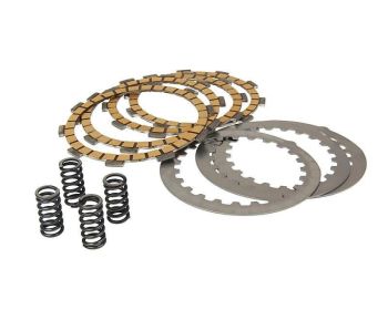 clutch plate set Top Performances aramid fiber heavy duty 4-friction plate type for Minarelli AM, Generic, KSR-Moto, Keeway, Motobi, Ride, 1E40MA, 1E40MB