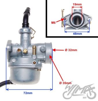 Karburaator 19mm / 35mm, käega toores - horis. 50-125cc