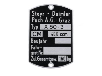 Nameplate blank 60 x 40mm for Puch, X 50-3