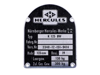Type plate aluminum black 123 ccm for Hercules, K 125