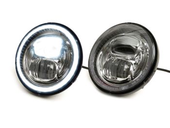 Headlight (chromed reflector) -MOTO NOSTRA- LED HighPower - Ø=143mm (5 3/4") - 12V DC - with E9 mark - for conversion of e.g. Vespa PX, Cosa, Sprint, GTR, Rally